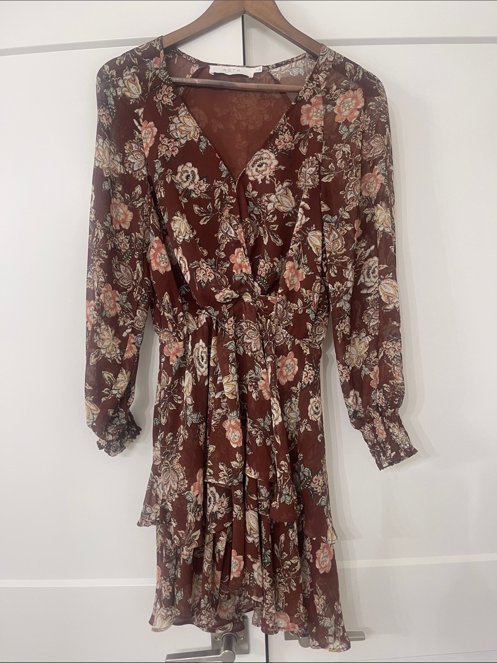 Astr Brown  Floral Long Sleeve Wrap Dress
